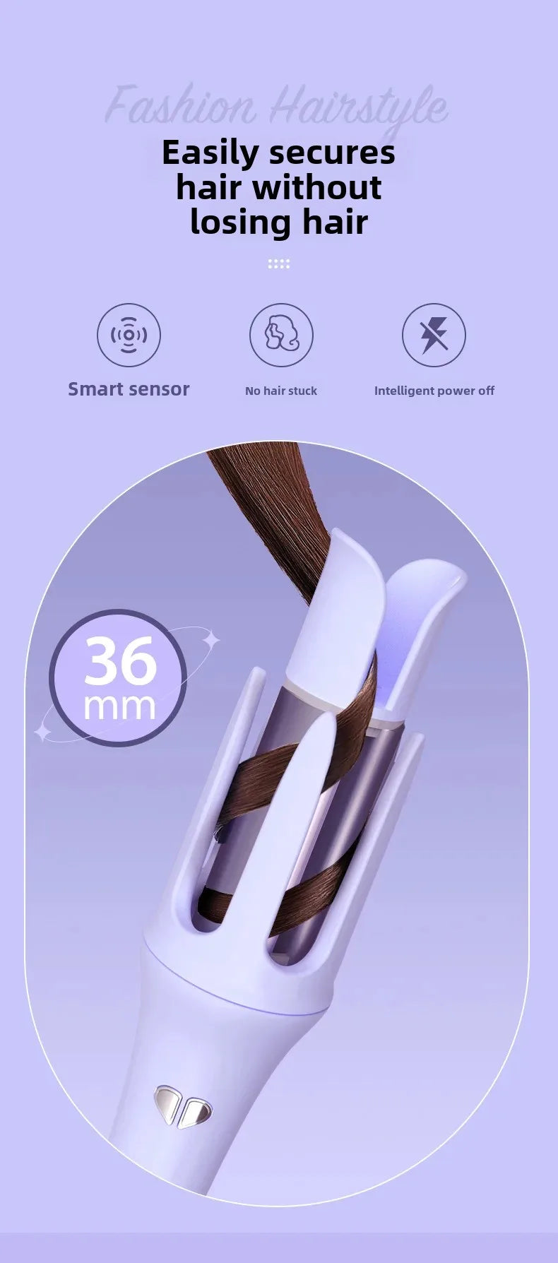 Smart sensor secures hair without pulling, 36 mm barrel